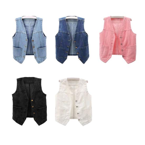 Vestă Dama Denim cu Buzunare Fără Mâneci cu Nasturi Largă Culoare Solidă Cardigan Gât în V