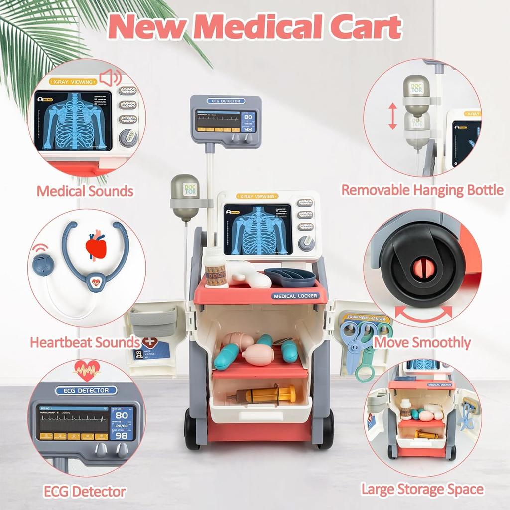 Pretend Play Doctor Kit for Kids with Cart Stethoscope Doctor Kit for Toddlers Role Play Medical Toy Birthday Gift for Girl Boy