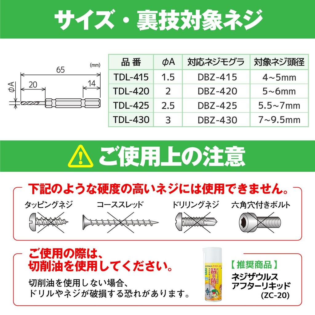 Engineer Drill Set Screw Mogura Compatible with Screw Head Left-Hand (for "Trick") Diameters 4-9.5mm TDL-405