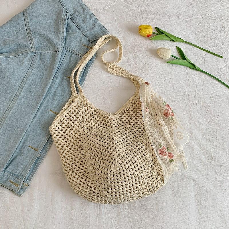 Summer Lace Bow Tote Bags Women Raffia Knitting Woven Shoulder Bag 2025 Rattan Large Casual Crochet Shopping Bag Ladies Handbag
