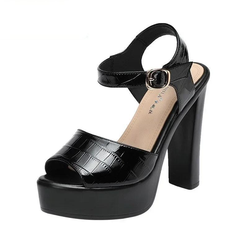 10cm 13cm Comfortable Genuine Leather Sandals Chunky Platform Shoes 2025 Summer Block High Heels Sandals Women for Office Model