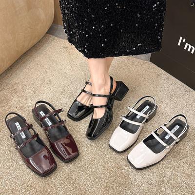 Black Summer Women's Thick-heeled Sandals Square Toe Slip On Shoes for Woman Ballet Flats Comfortable Bow Women's Sandals