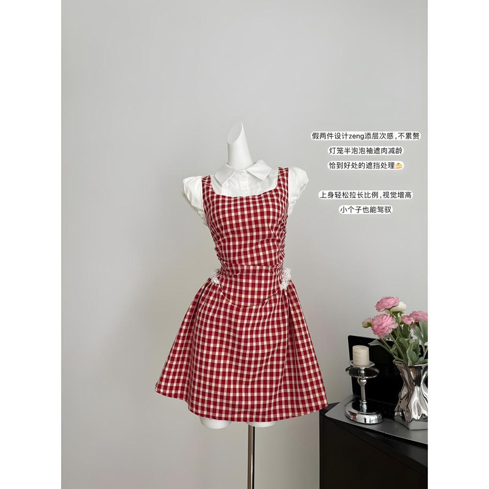 

Платье в клетку красного цвета в стиле колледжа, с небольшим темпераментом, тонкое, короткая юбка, женская одежда, лето, универсальные новые модели XL- (recommended 110-60kg)