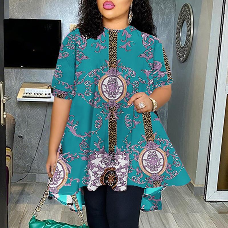 

Женская летняя повседневная свободная блузка с коротким рукавом и этническим принтом 5XL синий