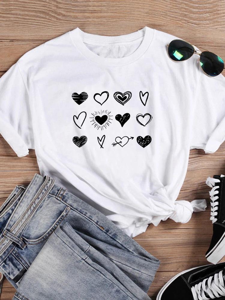 Three Rows Heart Print Women T Shirt Short Sleeve O Neck Loose Women Tshirt Ladies Tee Shirt Tops Clothes Camisetas Mujer