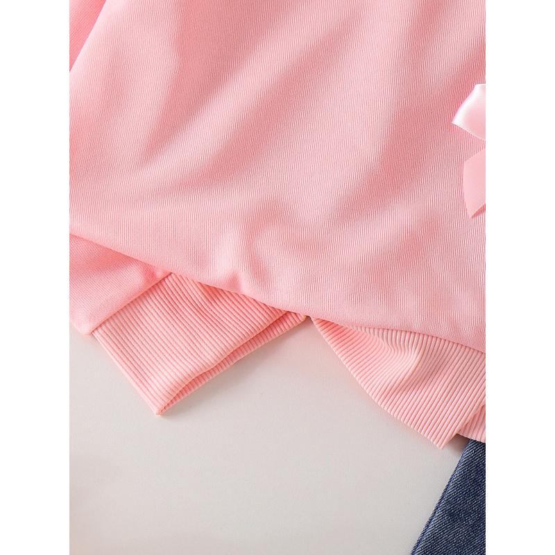 Autumn New Casual Children's Clothing Pink Bow Long Sleeve Sweatshirt Jeans Cute Fashion Girls