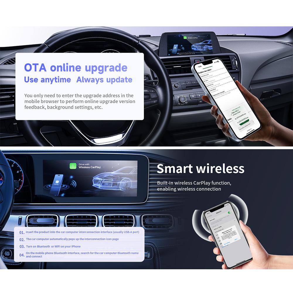 2 in 1 Wireless CarPlay Android Auto Adapter For iP/Android Phones Upgrade Wired to Wireless For Built-In CarPlay/Android Auto Cars