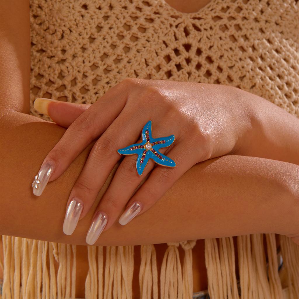 Bohemian Enamel Starfish Rings for Women Colorful Rhinestone Ocean Sea Star Pearl Finger Ring Summer Vacation Charm Jewelry Gift