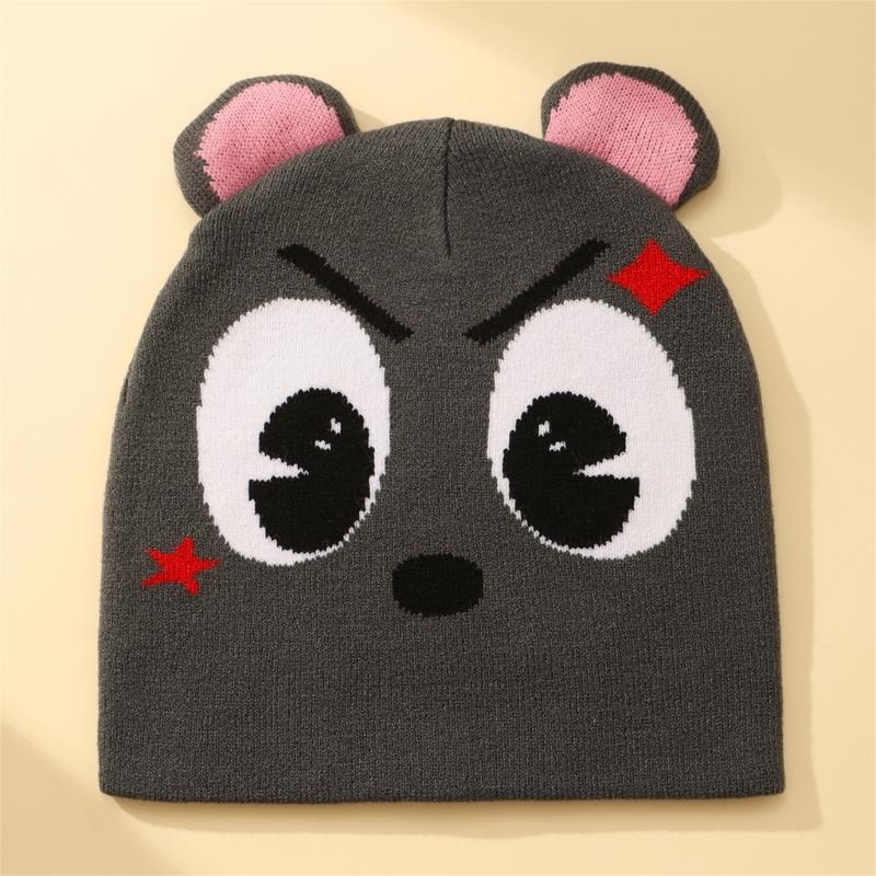 Punk Teenager Mütze Strickmütze mit Jacquard Cartoon Muster Skimütze mit kleinem Ohr