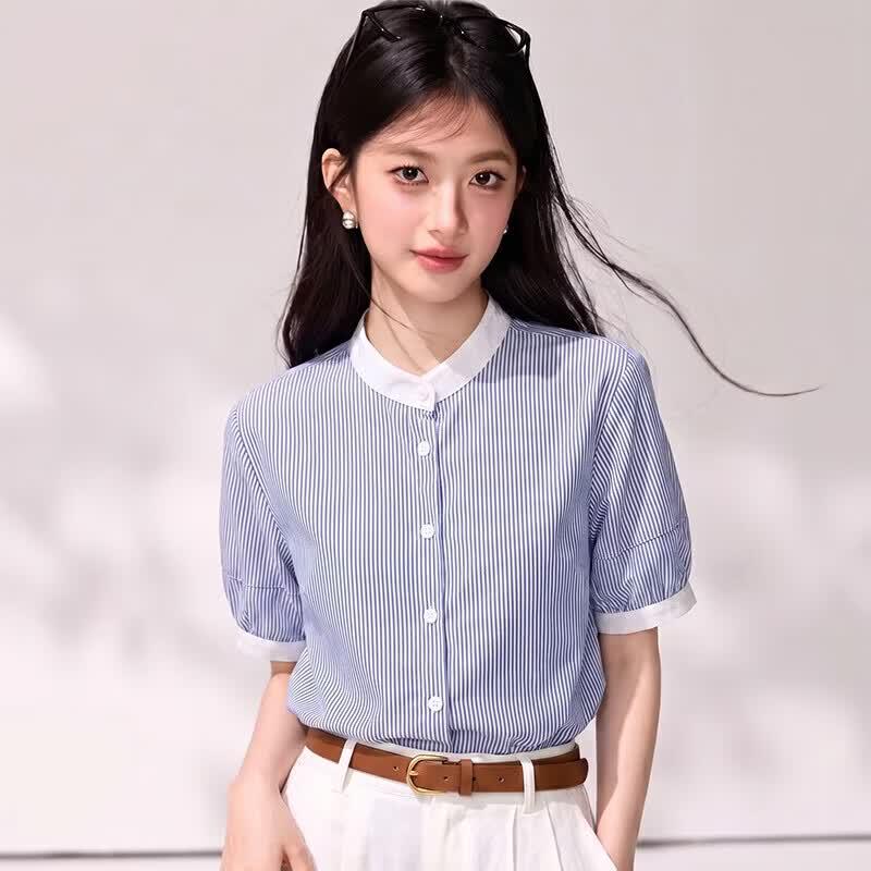 Women's Breathable Color-Block Striped Commuter Blouse