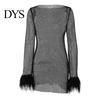 Sexy Evening Dress Glitter with Fur-Trimmed Cuffs Round Women Neckline Long Sleeves See-through Slim Fit