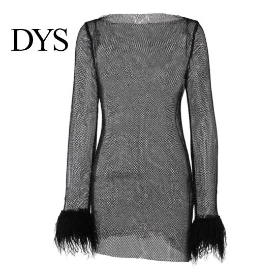 Sexy Evening Dress Glitter with Fur-Trimmed Cuffs Round Women Neckline Long Sleeves See-through Slim Fit
