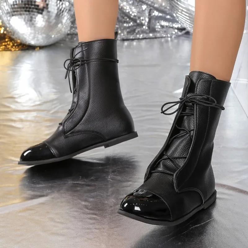 Fashion Modern Boots Women 2024 Plus Size Shoes Female Mid-Calf Women's Boots Concise Round Toe Flat with Front Lace-up Shoes Women