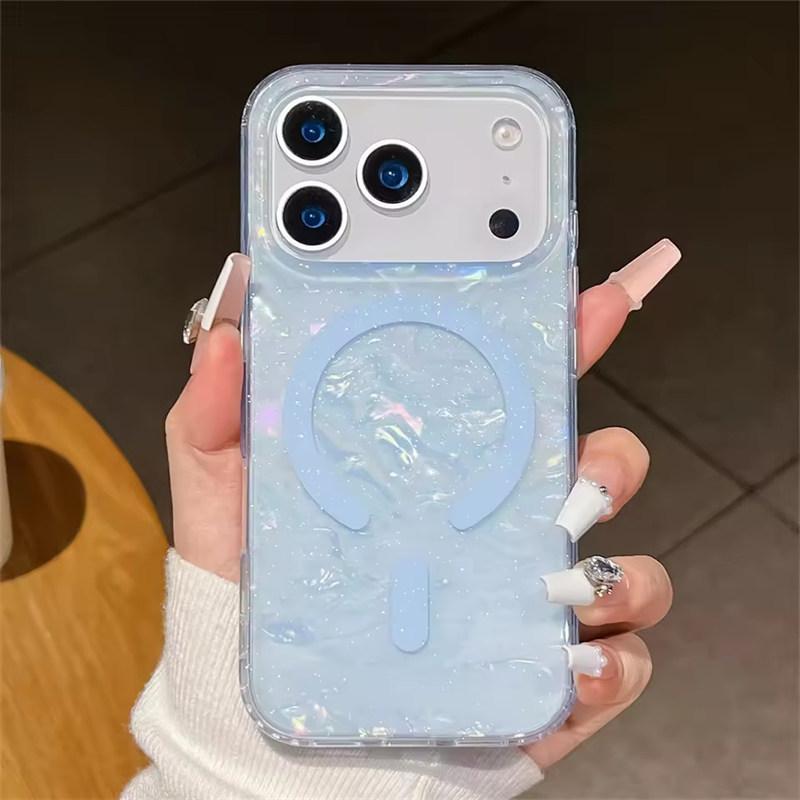 

Магнитный мягкий ПК-чехол с текстурой блестящей ракушки для Magsafe iPhone 17 16 15 14 13 12 Pro Max Plus 11 Беспроводная зарядка Задняя крышка телефона iPhone 17 Pro синий