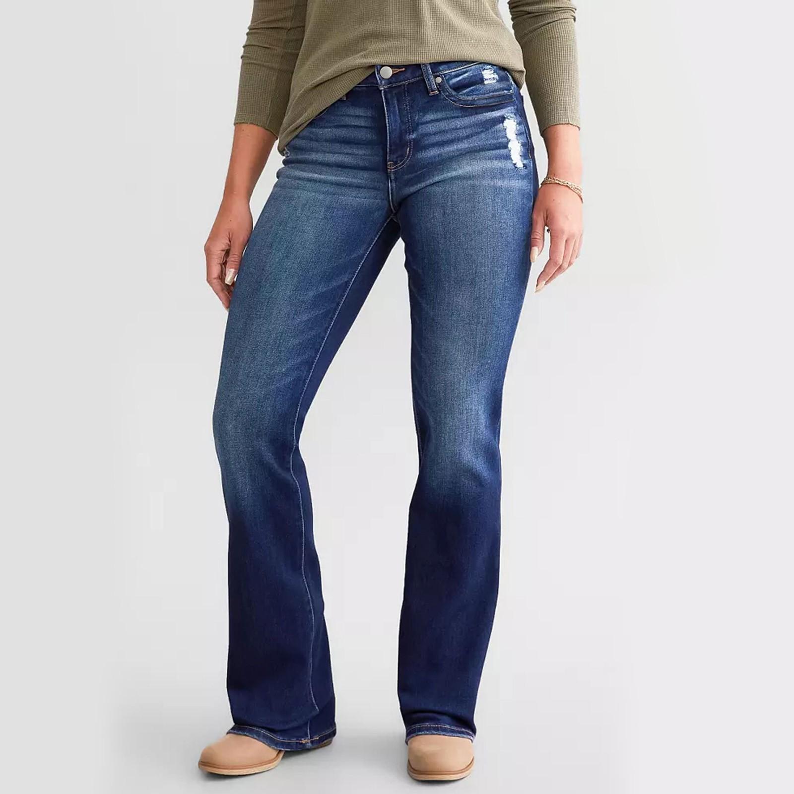 

Модные женские облегающие расклешенные повседневные синие джинсы с высокой талией и карманами XL тёмно-синий