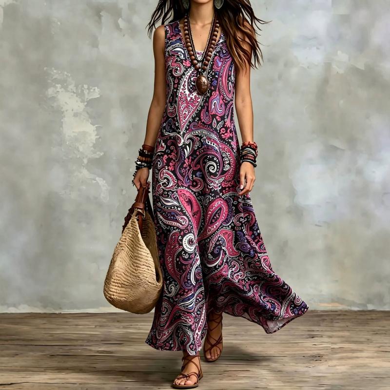 Nuovo Abito Lungo Bohemien Estivo 2026 Abito Stampato Senza Maniche da Donna