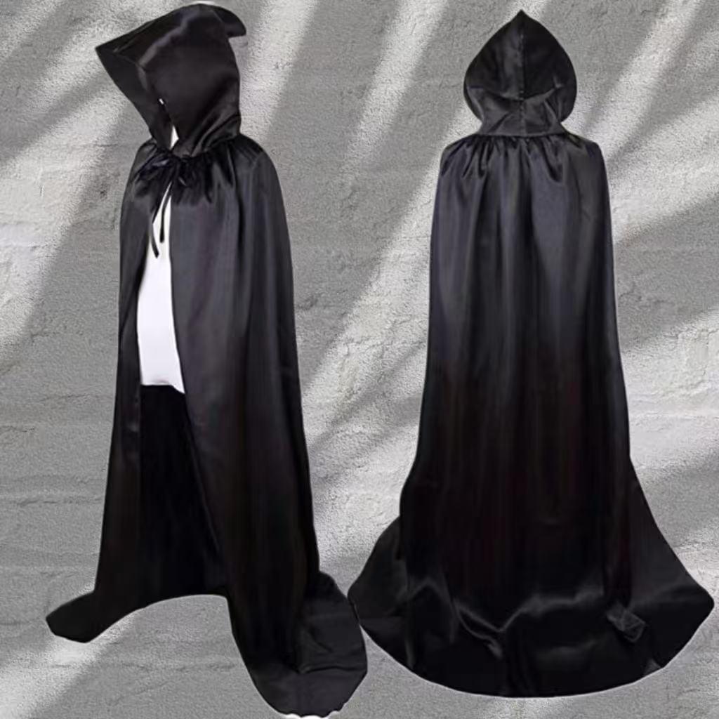 Black Satin Grim Reaper Hooded Cape Costume for Halloween and Ghost Festivals