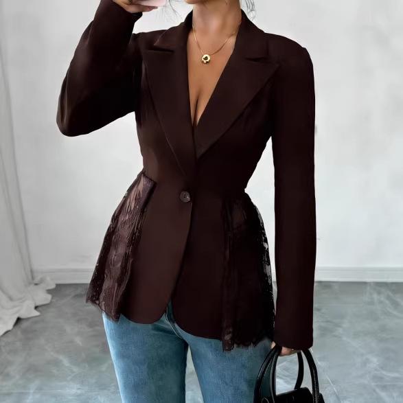2026 Spring/Autumn Color Block Lace Waist Slimming A-line Women's Suit Jacket