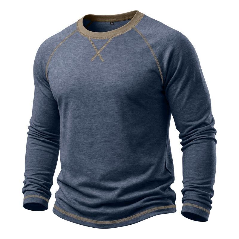 Mens Long Sleeve Round Neck Basic Color Block T Shirt