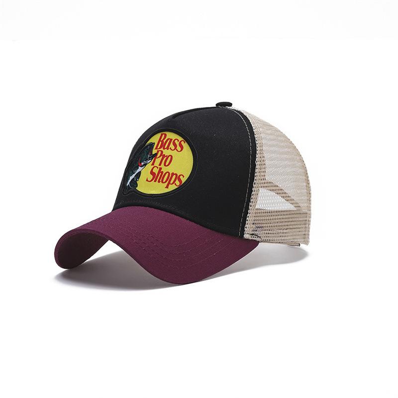 Bass embroidered mesh baseball cap, color-blocked baseball cap, men's summer breathable truck hat, high-top sun hat