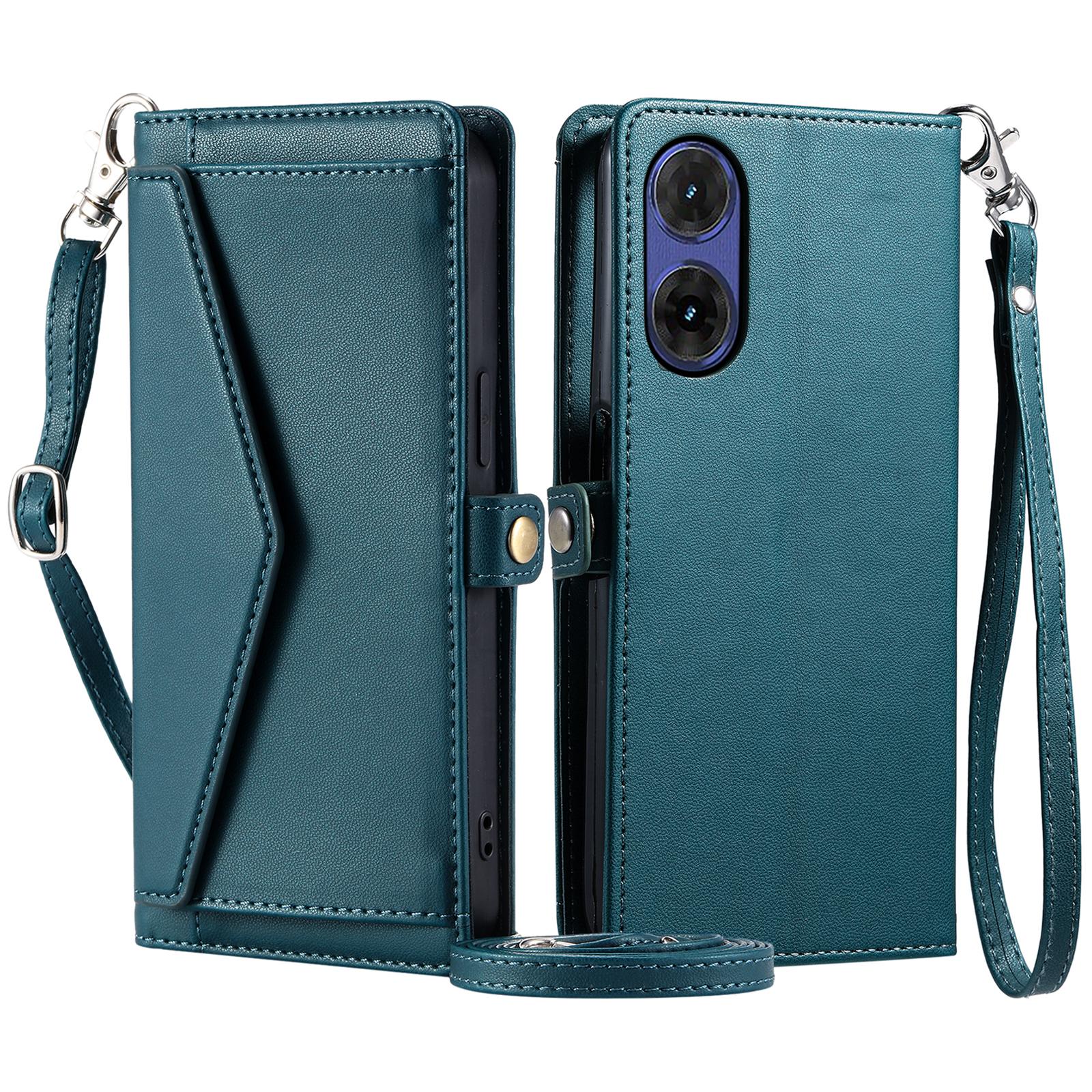 

Для Motorola Moto G85 5G Шкіряний Чохол Гаманець Підставка Чохол для Телефону з Ремінцями Blackish Green