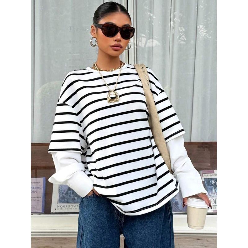 Women Striped Crew Neck Fake Two Piece Loose Long Sleeve Casual Sweatshirt