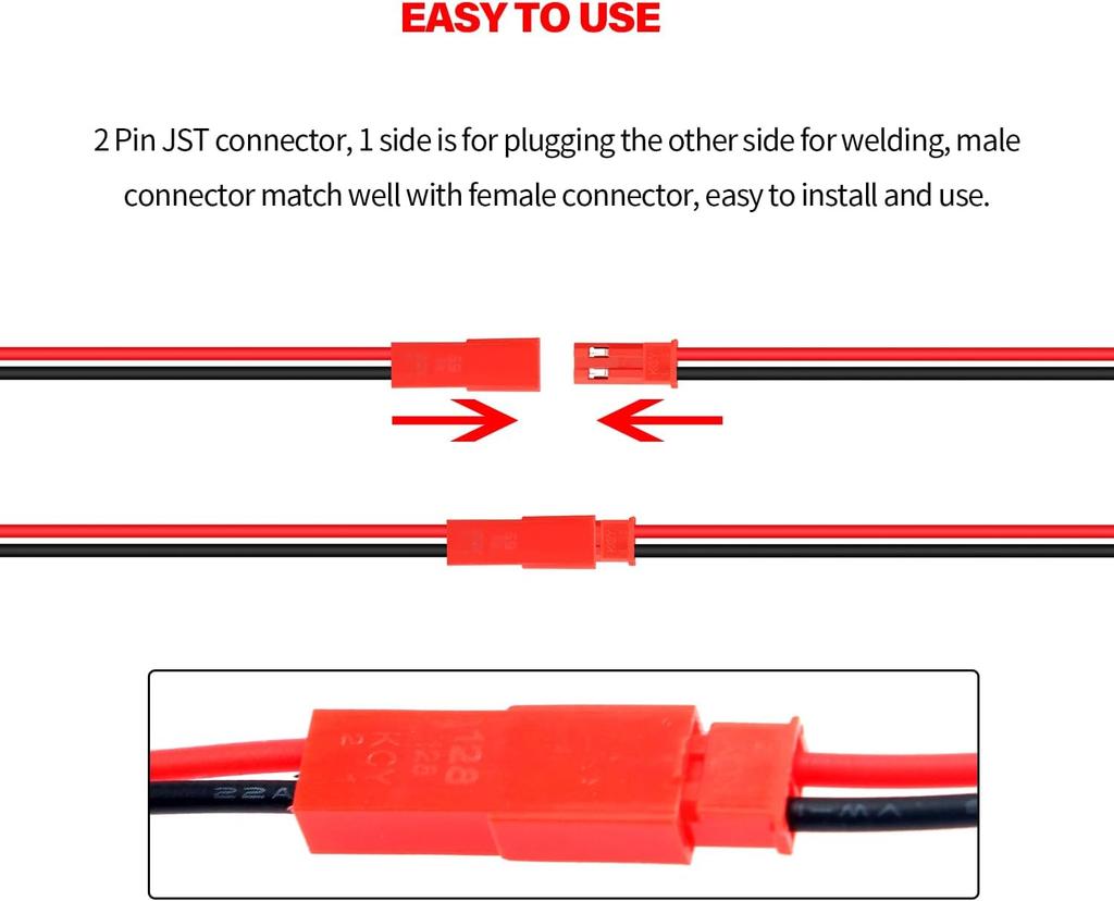 60× JST 2-Pin Connectors 22 AWG – 10cm & 15cm Cables – For LED Strips, RC Batteries, and DIY Electronics – Red