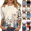Bluzki z 3/4 rękawem dla kobiet T-shirt Casual Print Tops T-shirt z okrągłym dekoltem Bluzka typu pullover