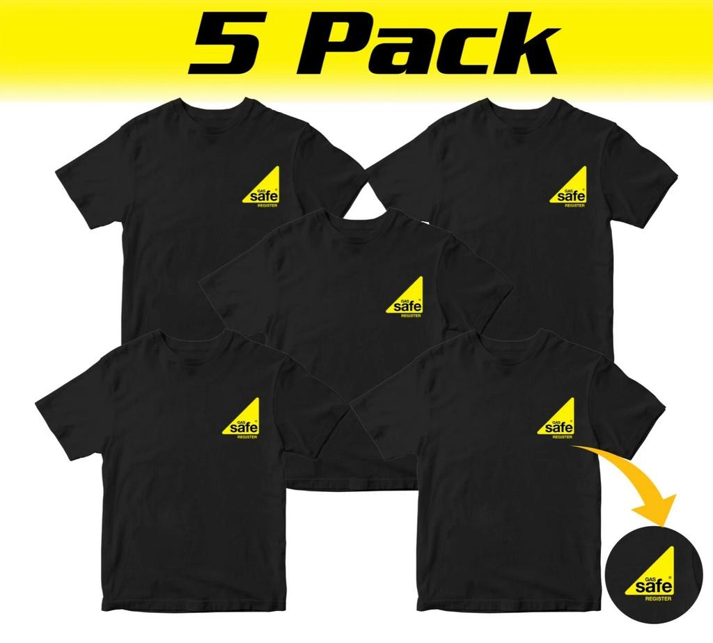 5 Pack Embroidered Gas Safe Register Tshirt Engineer Work Plumber Gas Fitter