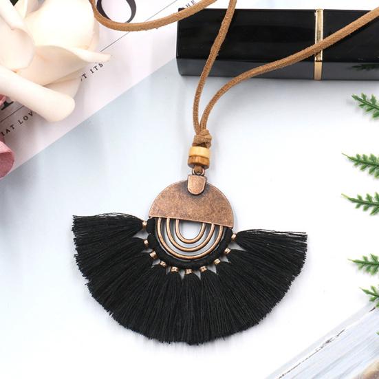 Bohemian Ethnic Style Sweater Necklace Alloy Fan Shaped Cotton Thread Tassel Women Necklace Jewelry Accessories