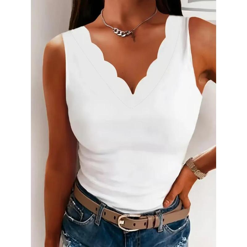 women's Scalloped Edge V Neck Solid Color Sleeveless Slim Fit Tank Top Casual Camisole