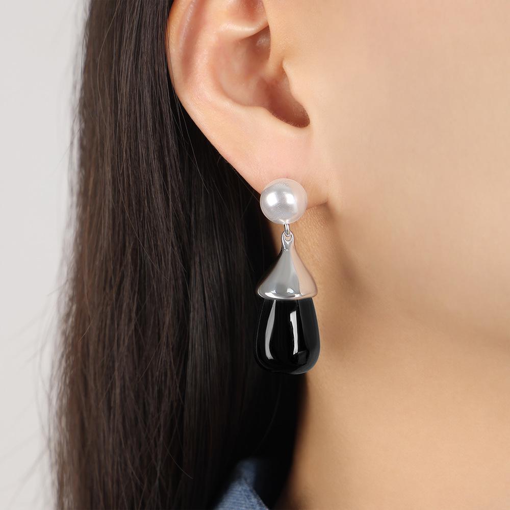 Korean Style Gold Faux Pearl Titanium Steel Earrings - Women s Versatile Resin Design