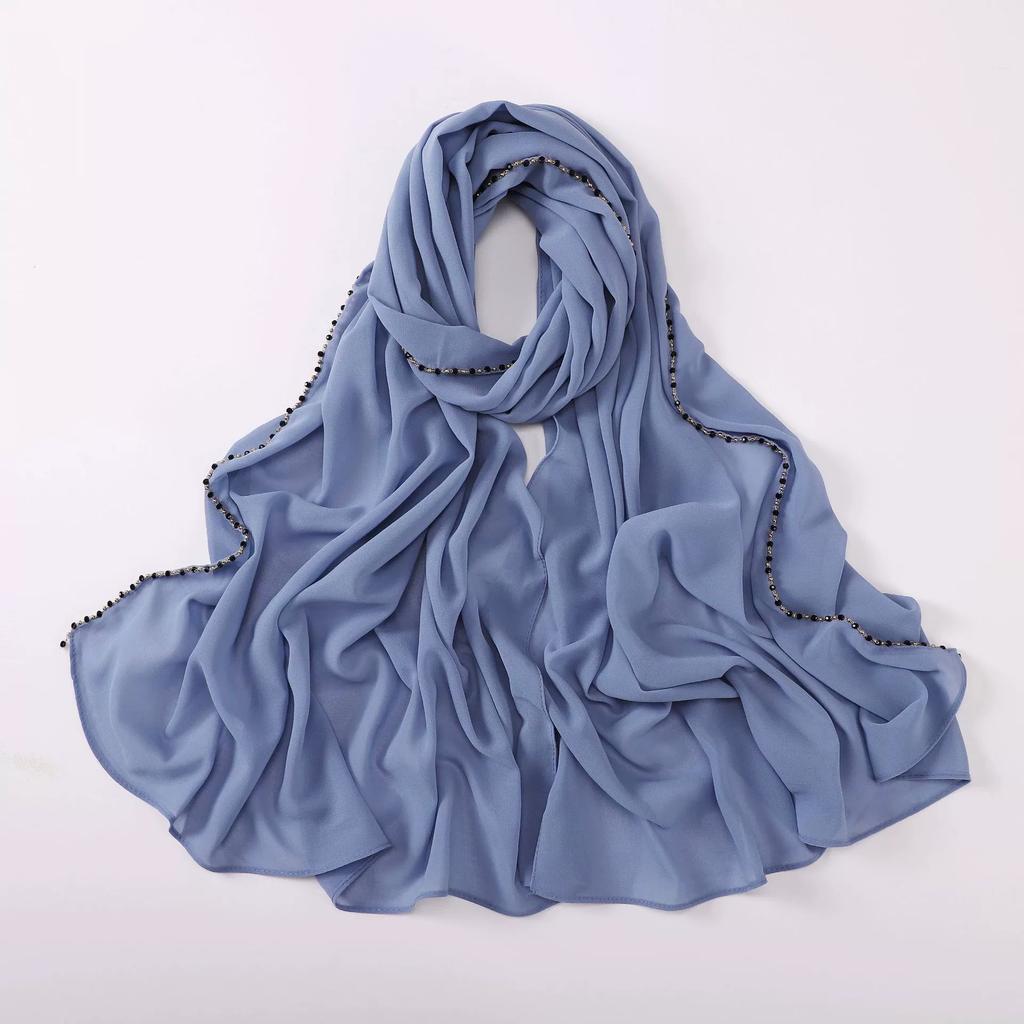 New Pearl Chiffon Hijab Scarf Copper Chain With Black Crystal Pearls Women Muslim Fashion Hijabs For Women Ramadan Turban Femme