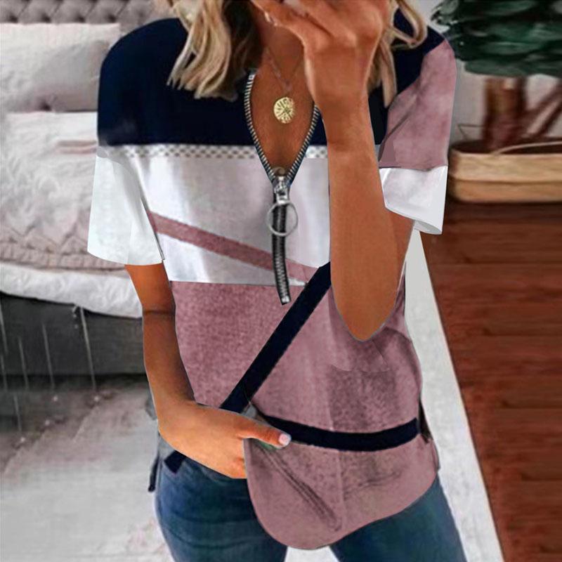 Damer Sommer Casual Trykket Løs Kort Ermet T-skjorte V-hals Glidelåstopp