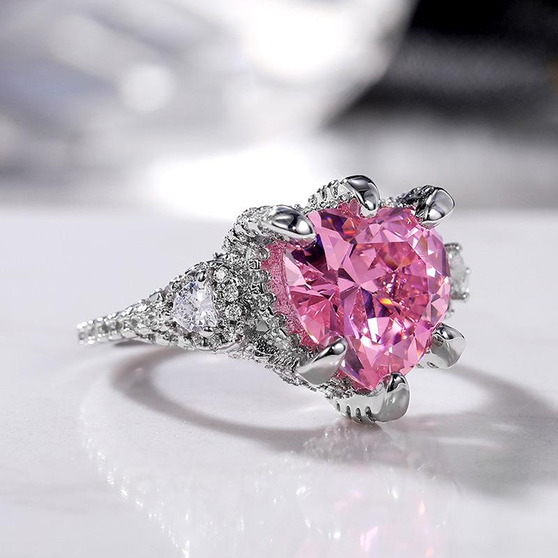 Cao Shi's Heart-Shaped Pink Zircon Diamond Ring - European & American Style for Weddings & Proposals