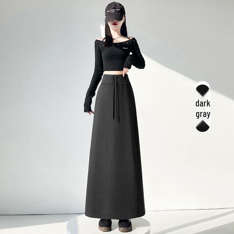Women's Black Knit Skirt - 2026 Spring Arrival: Versatile Slimming Midi with Slit and Sticky Rice Hip Wrap.