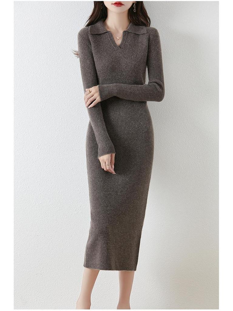 Autumn/Winter Wool Turn-Down Collar Slim-Fit Knitted Dress with Over-the-Knee Slit and Coat Set