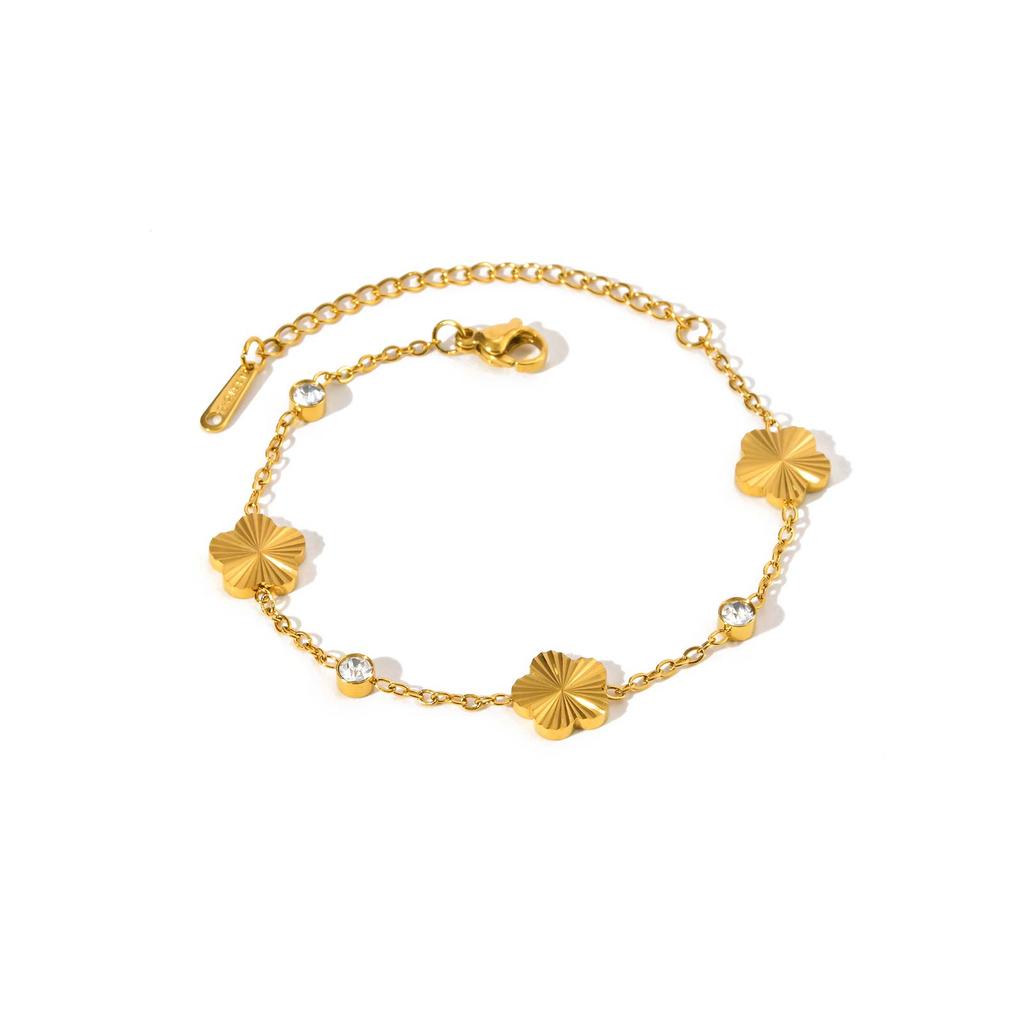 Exquisite Gold Plated Five Leaf Petal Flower Bracelet for Women, Adjustable Stainless Steel Chain Zircon Bracelet,Luxury Jewelry