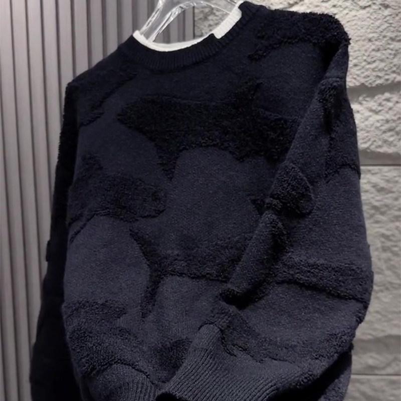 Herbst 2024 Herren Lockerer Sitz Schwarzer 3D-Druck Rundhals Strickpullover