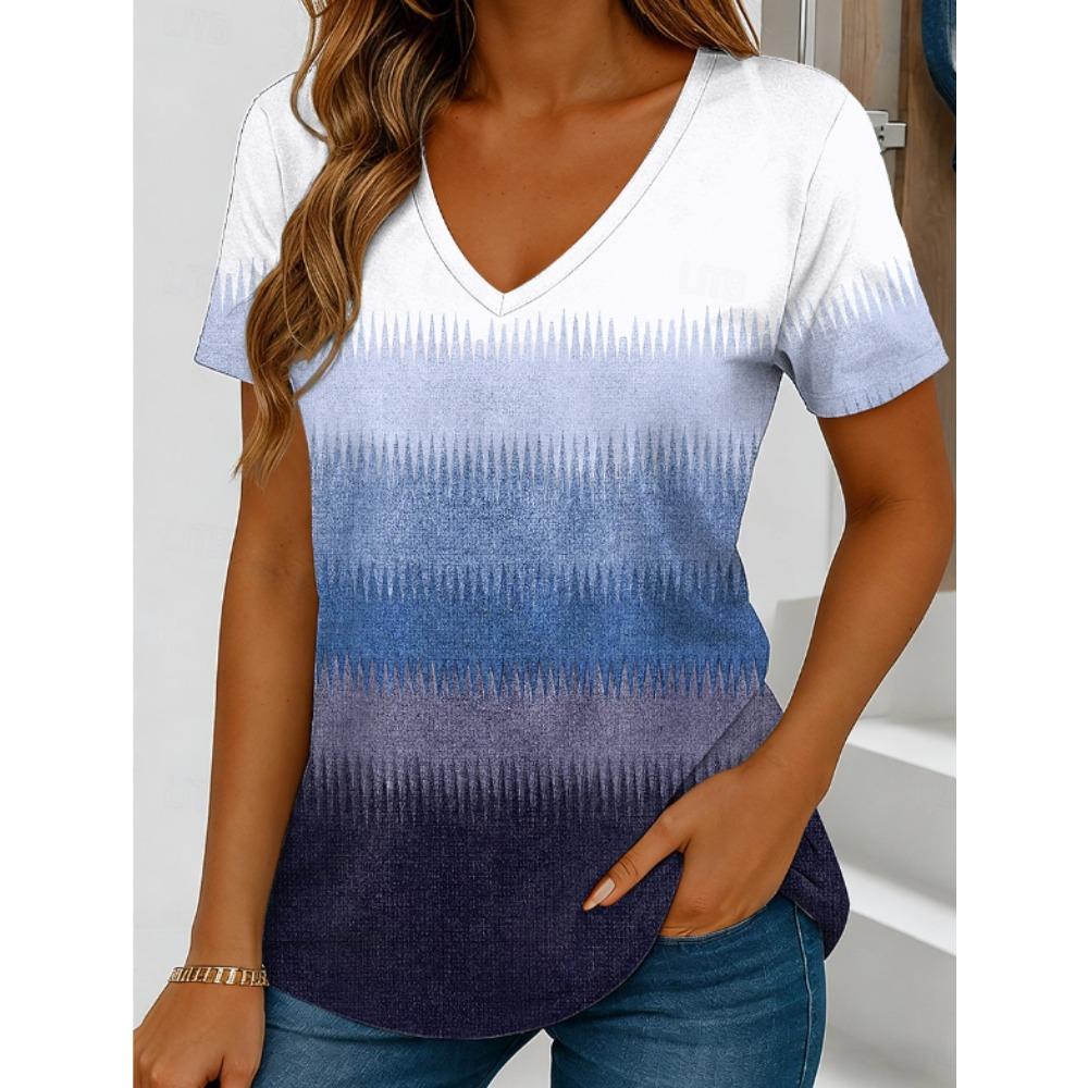 Women Summer T Shirt  Splicing Geometric Pattern Print Short Sleeve Tees Casual Printed Tops