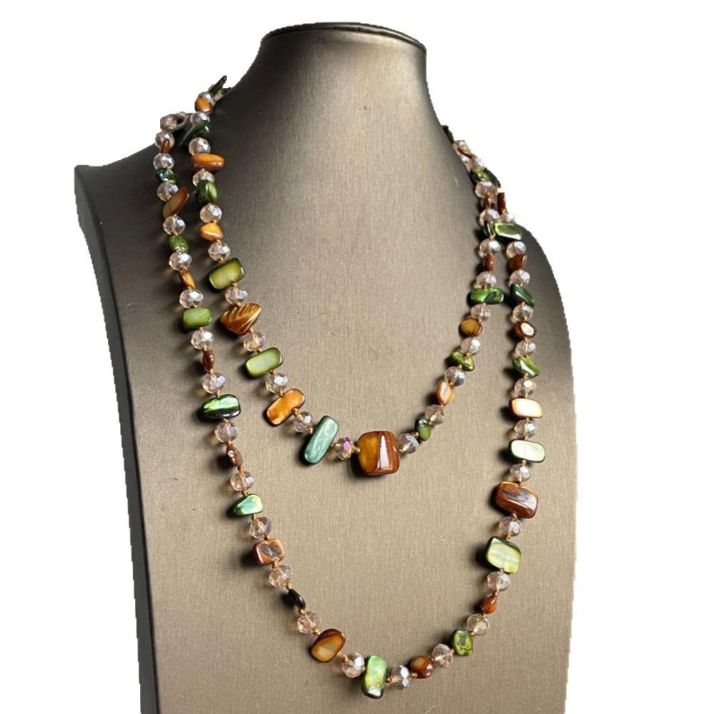 Böhmischer Stil Unregelmäßige Natürliche Muschel Kristall Perlen Lange Doppellagige Faltbare Halskette für Damen Persönlichkeit Mode Schmuck