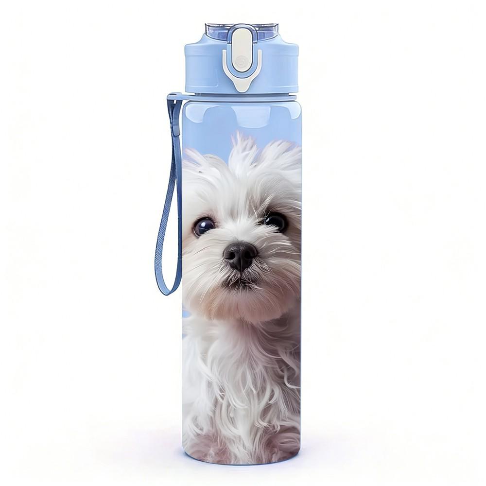 1PC White Fluffy Puppy Dog Print 750ml Color Plastic Sports Water Bottle Leakproof Flip Straw Lid Suitable for Sports Office Home Use