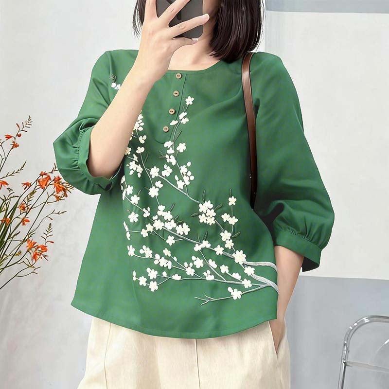 

ZANZEA Женская повседневная блузка с круглым вырезом и рукавом 3/4 с принтом 3XL зелёный