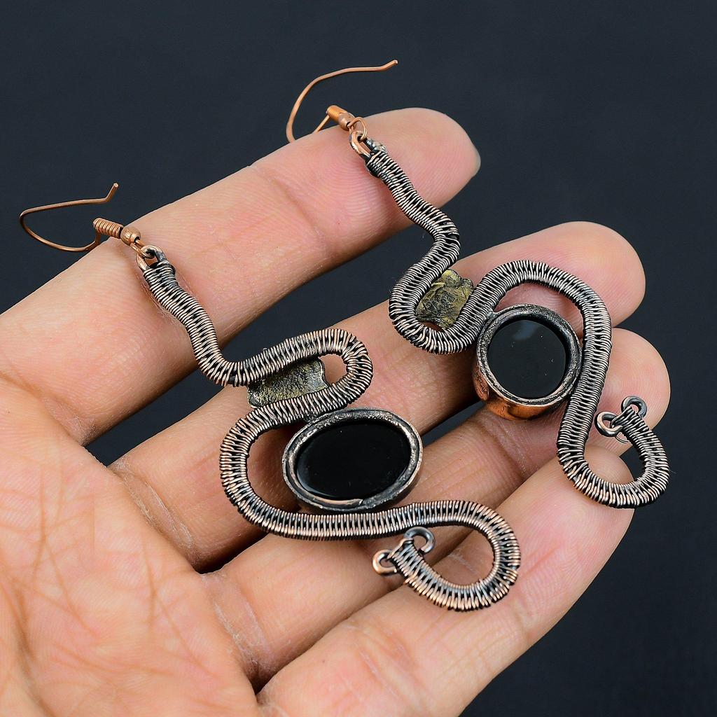 Schwarzer Onyx 999 Kupferdraht umwickelte Ohrringe, Handgefertigter Edelstein-Ohrschmuck, Geschenke für Ehefrau Brandneue Ohrringe