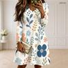 Women Plus Size Scalloped V Neck Long Sleeve Floral Printed Navy Blue Dress