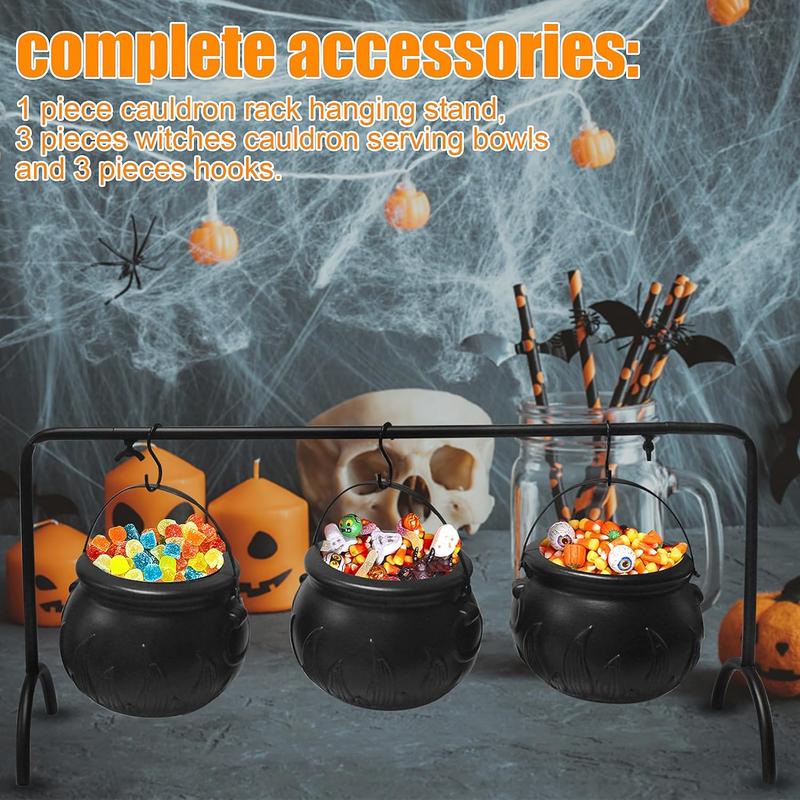 Halloween Candy Bowl Decorations Candy Holder Small Witches Cauldron Plastic Cauldron Bowls with Iron Rack Halloween Decor