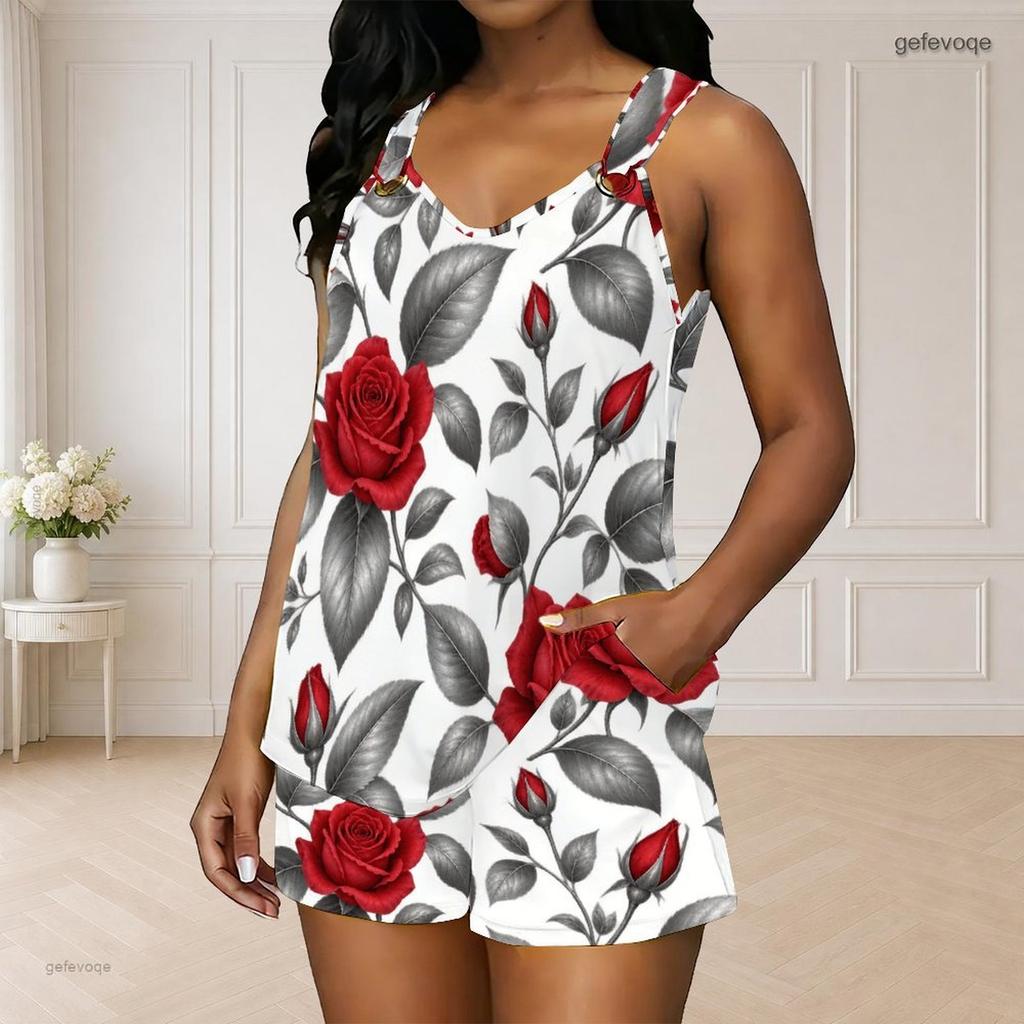 Women Plus Size Floral Printed Sleeveless Ring Strap Curved Hem Tank Top Pocket Shorts Two Piece Set