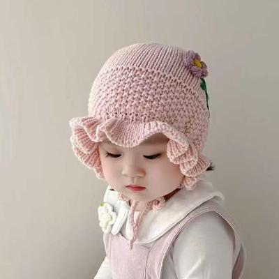 Chapéu de Lã Artesanal Coreano para Bebês Meninas - Design Floral, Proteção Quente para Orelhas, Renda, À Prova de Vento para Outono e Inverno