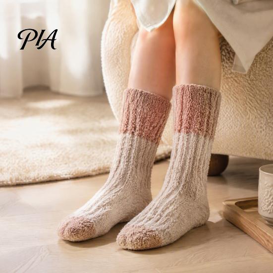Winter Warm Calf Socks Thickened Long Plush for Women, Coral Fleece Socks, Cold Weather Indoor Thermal Sleep Anti-static Contrast Color Cozy