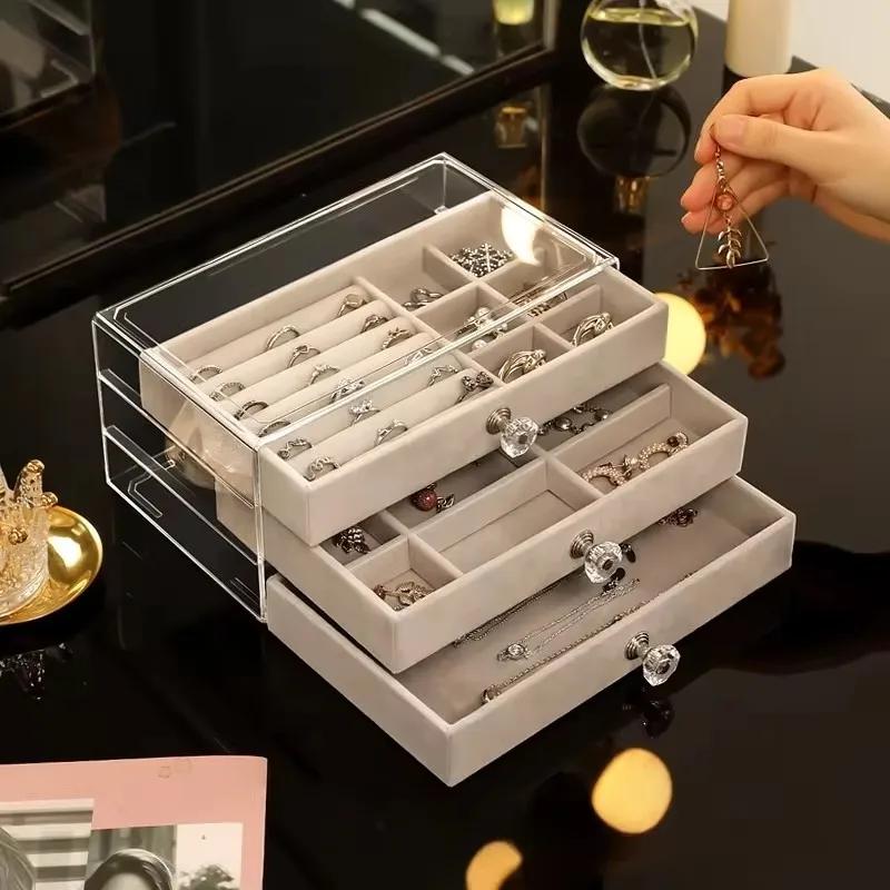 Velvet Jewelry Organizer for Women 3 Drawers Stackable Acrylic Display Case Earring Necklace Bracelet Storage Box Holder